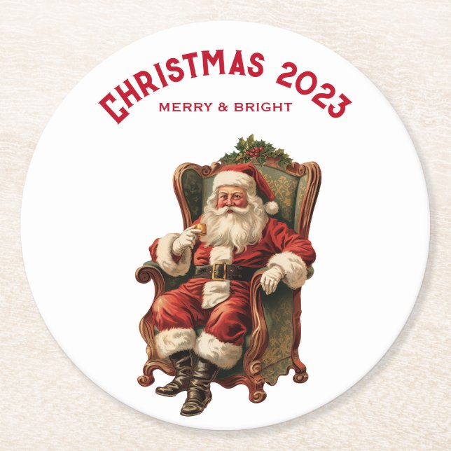 Vintage Santa Traditional Christmas Round Paper Coaster (Front)