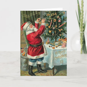Vintage Santa Trimming Tree Christmas Card