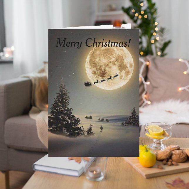 Vintage Santa Under Full Moon Flying Reindeer    Card (Creator Uploaded)