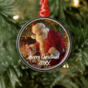 Vintage Santa Under Gold Lights Fireplace Metal Ornament