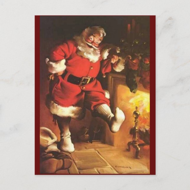 Vintage Santa Warming His Feet Holiday Postcard (Front)