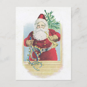 Vintage Santa with Bells and Horn Postcard