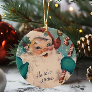 Vintage Santa with Candy Cane Retro Christmas Ceramic Ornament