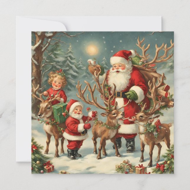 Vintage Santa with Children, Reindeer and Gifts  Card (Front)