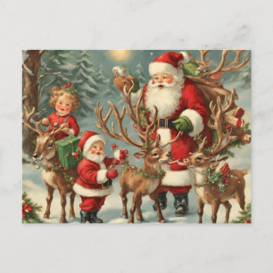Vintage Santa with Children, Reindeer and Gifts  Holiday Postcard