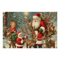 Vintage Santa with Children, Reindeer and Gifts 
