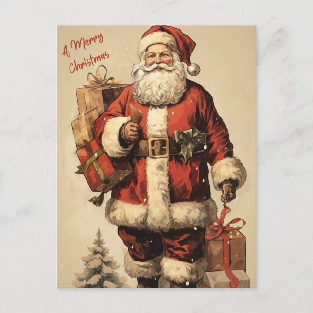 Vintage Santa with Christmas Gifts  Holiday Postcard (Front)
