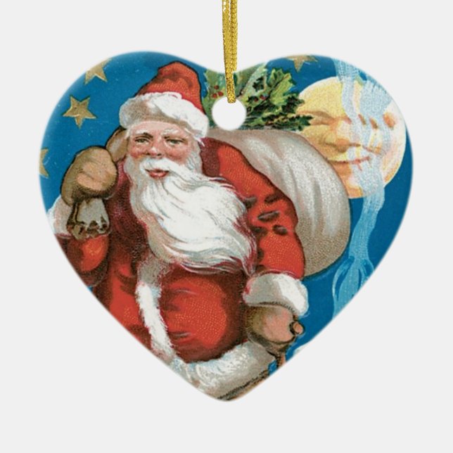 Vintage Santa with Moon - heart Ceramic Ornament (Front)