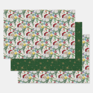 Vintage Santa with Ornaments & Pine Branches Wrapping Paper Sheet