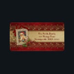 Vintage Santa with Poinsettia and Gold Lace Label<br><div class="desc">Unique, richly textured, elegant and ornate vintage style design featuring Victorian-era Santa image in an ecru lace frame decorated with red ribbon, gold flourish, sparkling beaded swirls, and poinsettias on a red subtly textured damask background. Centre band of antique parchment trimmed in glittering gold lace in a holly pattern with...</div>