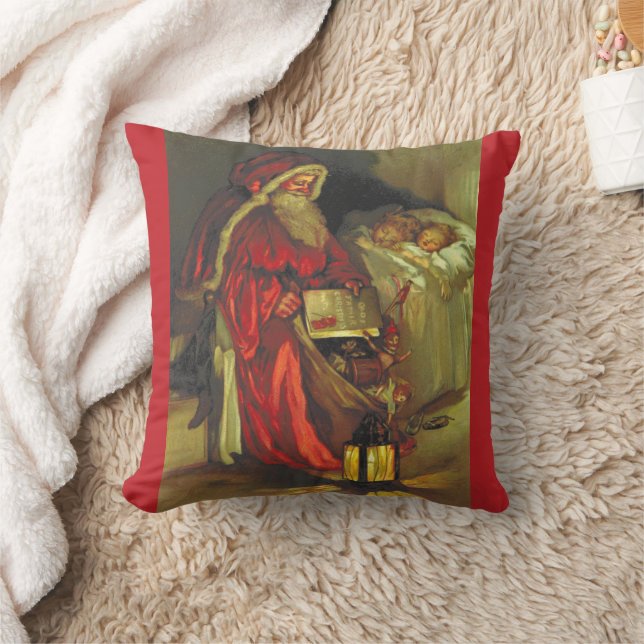 Vintage Santa With Sleeping Children Christmas  Throw Pillow (Blanket)
