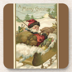 Vintage Santa with Sleigh Brown Coaster