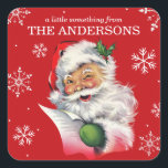 Vintage Santa With Snowflakes Custom Christmas Square Sticker<br><div class="desc">These fun stickers features a mid-century Santa Claus checking over his list with a Merry twinkle in his eye.  A Christmas red back ground with snowflakes showcase the words "a little something from" and then add your family last name or your first name(s).</div>