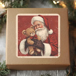 Vintage Santa With Teddy Bear Christmas  Square Sticker