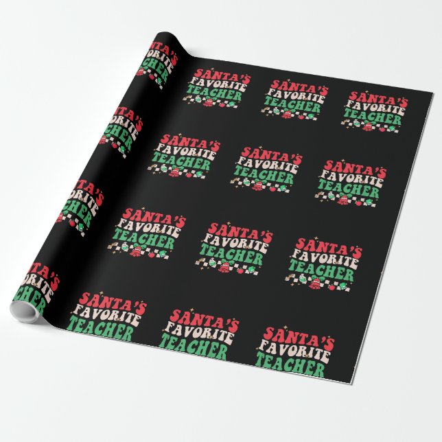 Vintage Santa's Favourite Teacher Groovy Christmas Wrapping Paper (Unrolled)