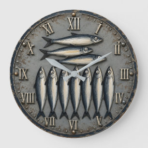 Vintage Sardines Coastal Fishing Kitchen Large Clock