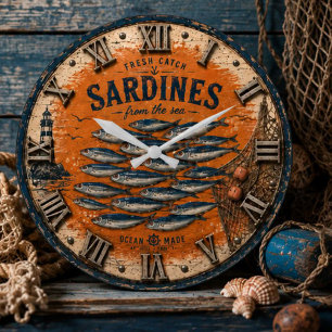 Vintage Sardines  Coastal Nautical Kitchen Large Clock
