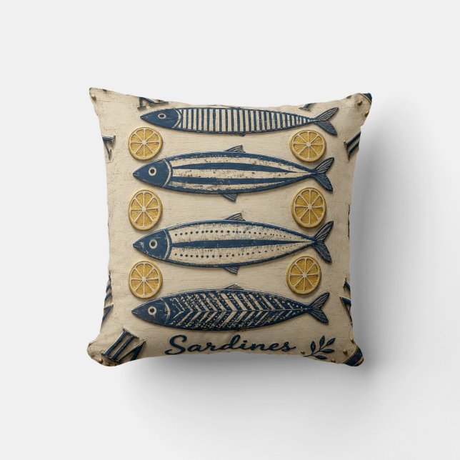Vintage Sardines Throw Pillow (Front)