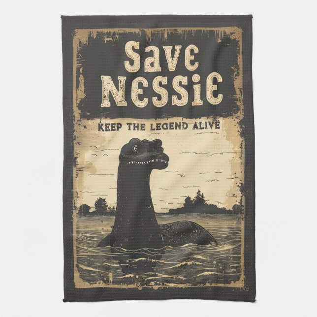 Vintage Save Nessie Loch Ness Monster Kitchen Towel (Vertical)