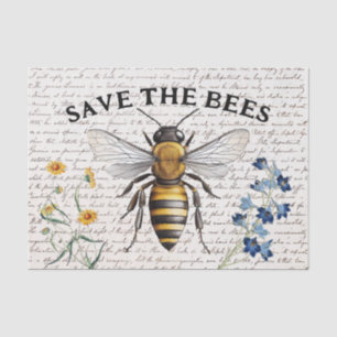 Vintage Save the Bees Script Flowers Decoupage Tissue Paper