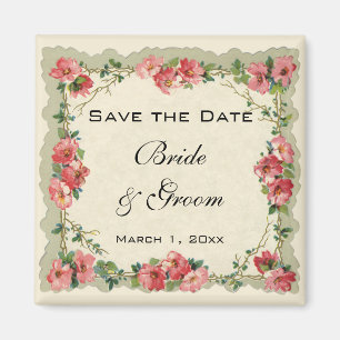 Vintage Save the Date, Pink Flowers Floral Roses Magnet