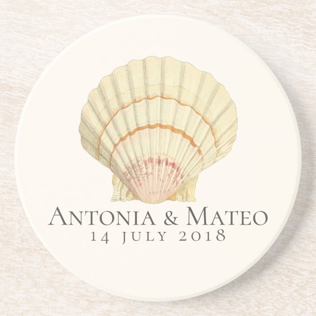 Vintage Scallop Seashell Wedding Anniversary Coaster (Front)