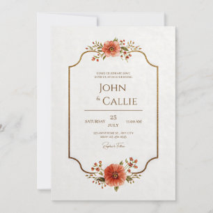 Vintage Scalloped Coral Wildflower Gilded Wedding Invitation