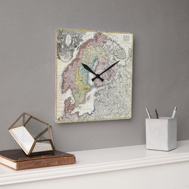 Vintage Scandinavia Map Square Wall Clock (Office)