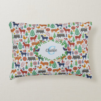 Vintage Scandinavian Folk Art Monogram Pattern Accent Pillow