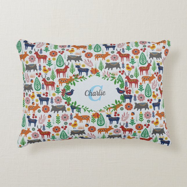 Vintage Scandinavian Folk Art Monogram Pattern Accent Pillow (Front)