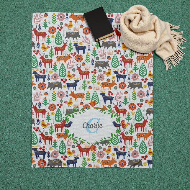 Vintage Scandinavian Folk Art Monogram Pattern Fleece Blanket (Creator Uploaded)