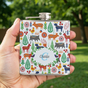Vintage Scandinavian Folk Art Monogram Pattern Hip Flask