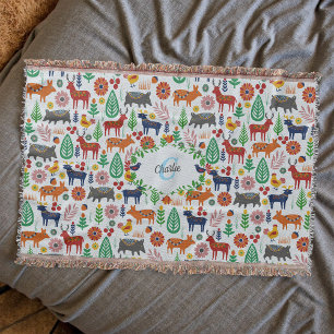 Vintage Scandinavian Folk Art Monogram Pattern Throw Blanket