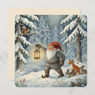 Vintage Scandinavian Tomte in Snowy Forest Holiday Card