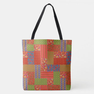 Vintage Scarlet Poppies Patterns Faux Patchwork Tote Bag