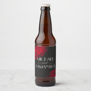 Vintage scarlet red rose petal flower wedding beer bottle label