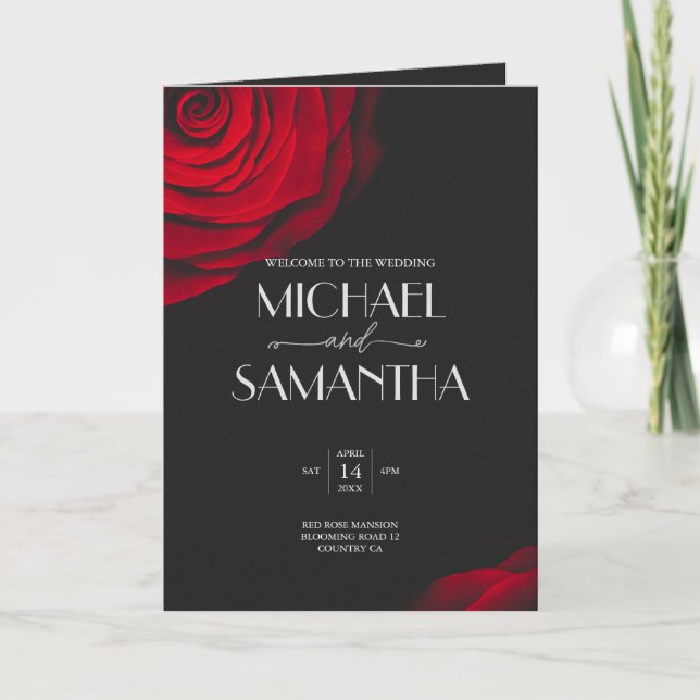Vintage scarlet red rose petal flower wedding program (Front)
