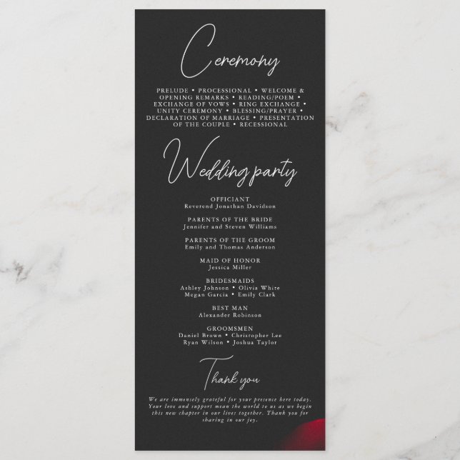 Vintage scarlet red rose petal flower wedding program (Back)