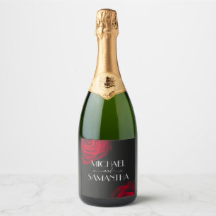 Vintage scarlet red rose petal flower wedding sparkling wine label
