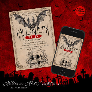 Vintage Scarry Bat and Skull Adult Halloween Party Invitation