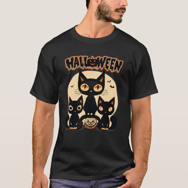 Vintage Scary Halloween 3 Black Cat T-Shirt (Front)