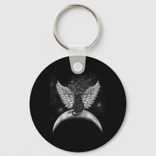 Vintage Scary Halloween Black Cat Witch Hat Moon Keychain