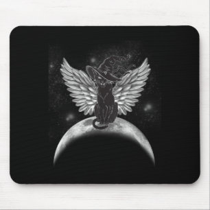 Vintage Scary Halloween Black Cat Witch Hat Moon Mouse Pad