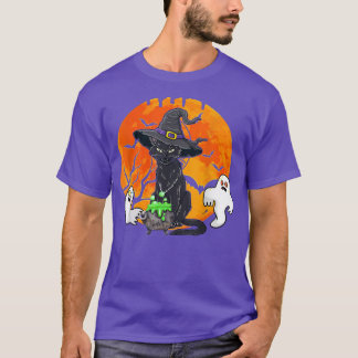 Vintage Scary Halloween Black Cat Witch Hat T-Shirt
