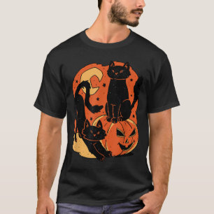 Vintage Scary Halloween Black Cats And Pumpkin T-Shirt