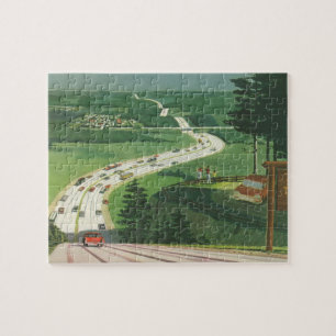 Vintage Scenic American Highways, Cars Road Trip Jigsaw Puzzle