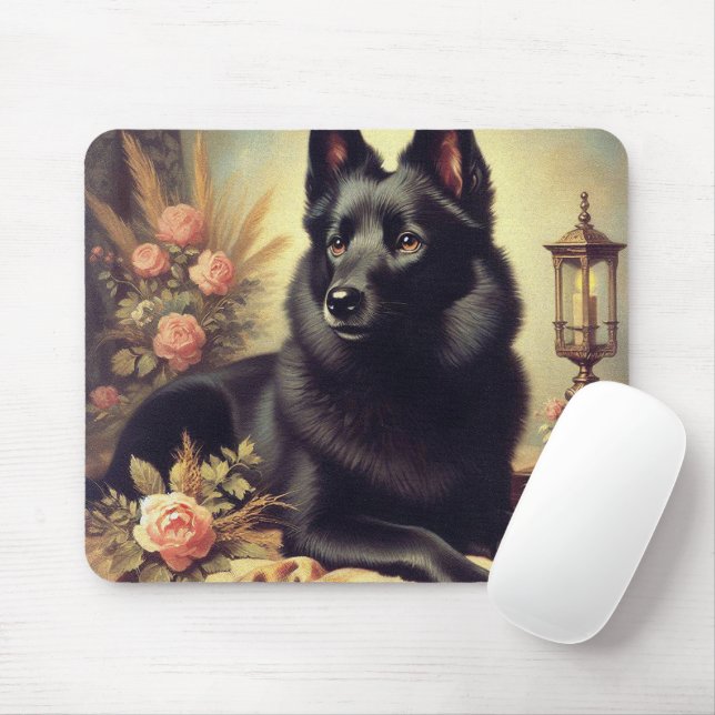 Vintage Schipperke Dog Painting Mouse Pad (With Mouse)