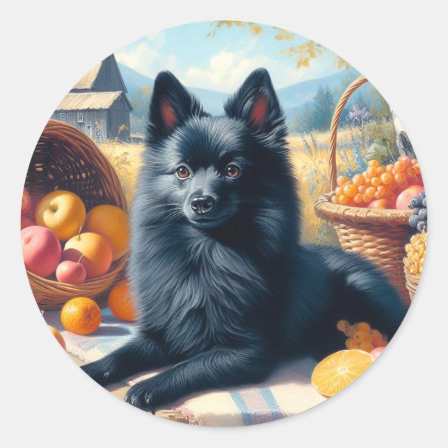 Vintage Schipperke Puppy Painting Classic Round Sticker (Front)