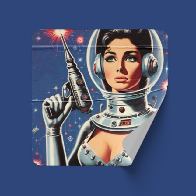 Vintage Sci-fi Astronaut Girl Square Sticker (Creator Uploaded)