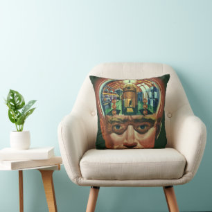 Vintage Science Fiction, Alien Brain in Laboratory Throw Pillow